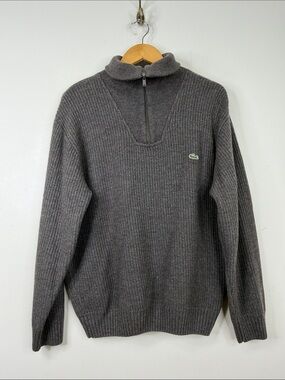 Lacoste Sweater Mens 6 XL Gray Wool Knit Rib Quarter Zip Turtleneck Pullover